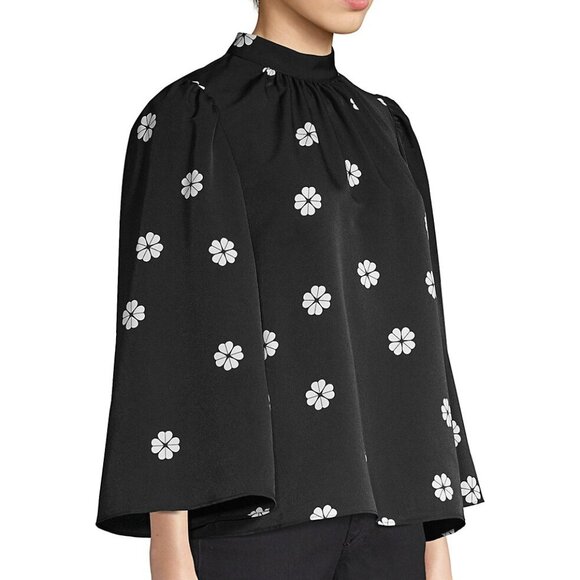 Kate Spade Black Floral Mock Neck Blouse Womens XL Puff Bell Sleeve Crepe Top - Picture 8 of 10